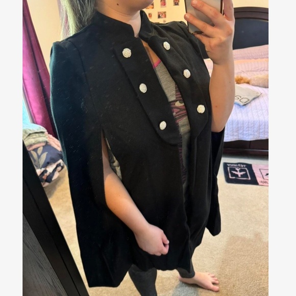 Classic Button Detail Open Front Cape Cloak Coat Jacket - Picture 3 of 5